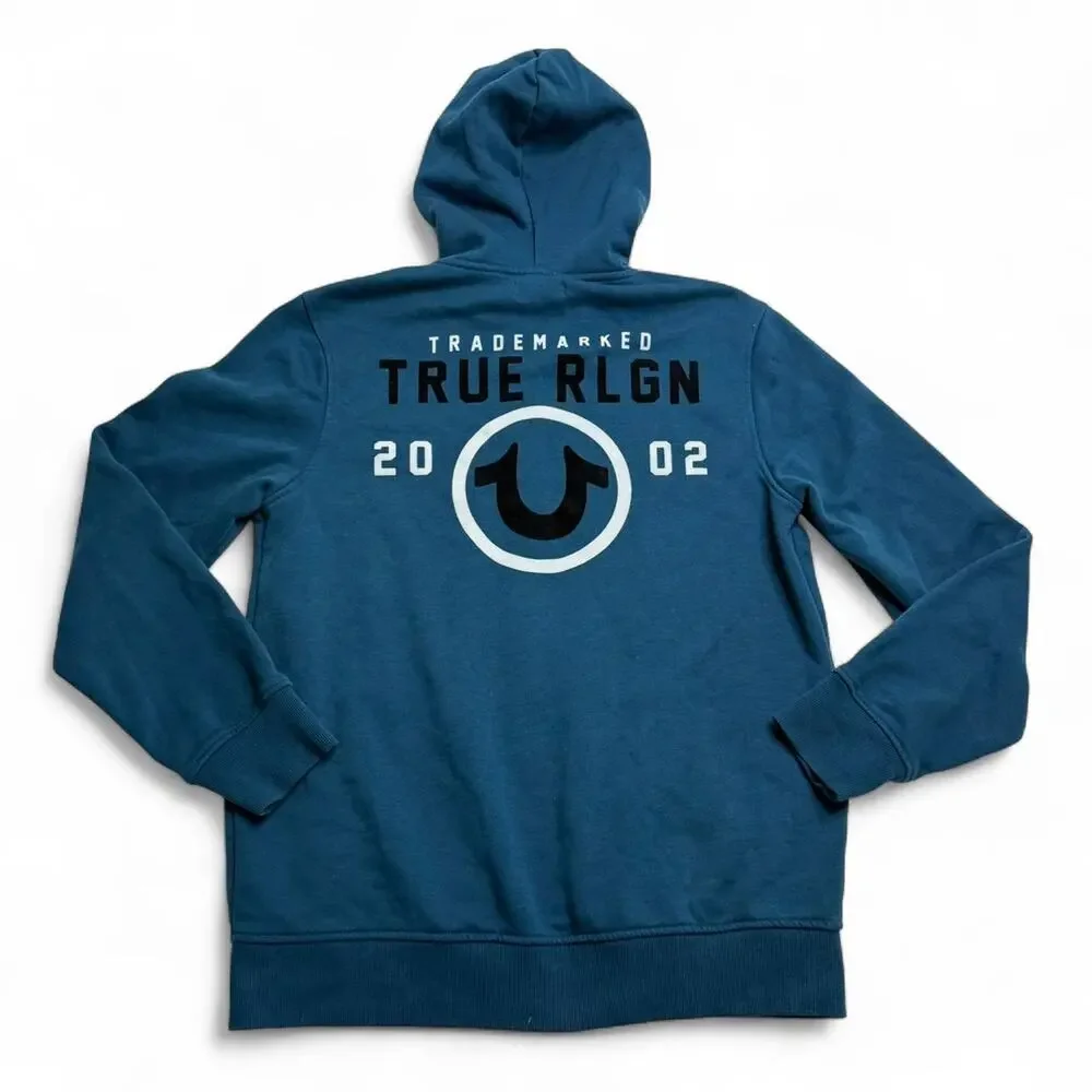 True Religion Blue Zip Hoodie Graphic Logo Sweatshirt Mens Medium